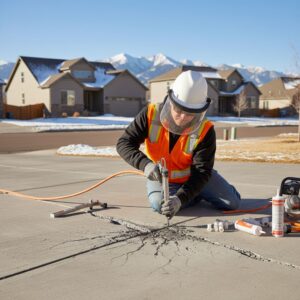 Skilled technician repairing cracked concrete driveway in suburban Denver with Rocky Mountain backdrop and snowy accents.