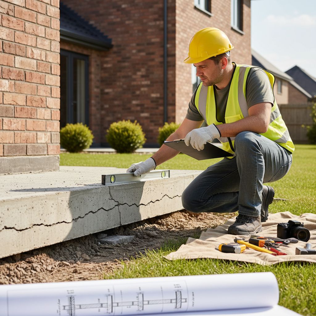Structural engineer in safety gear inspecting cracks in residential foundation in suburban backyard