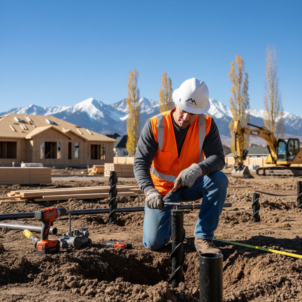 Certified concrete contractor inspecting helical piers in Denver residential foundation with Rocky Mountains backdrop