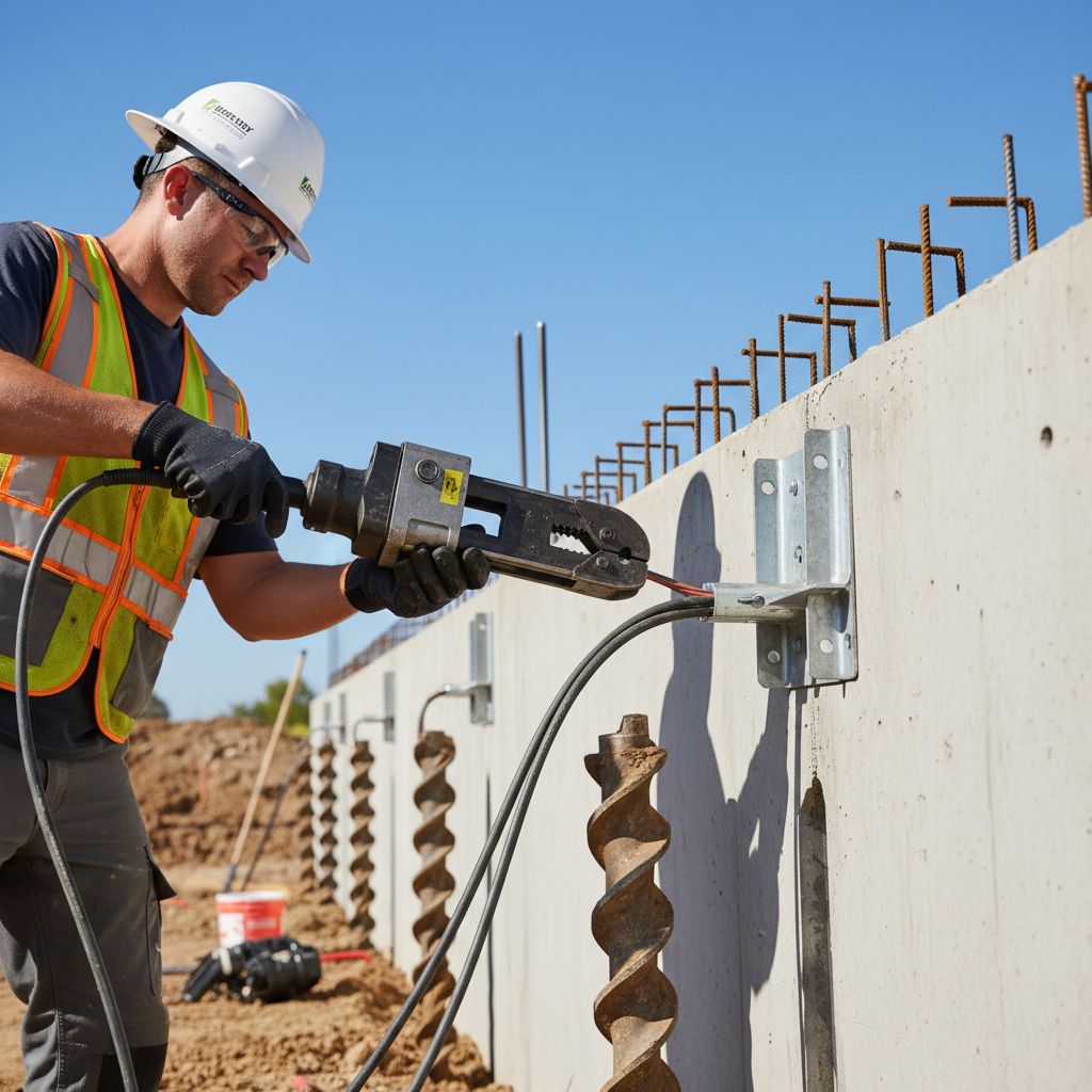 Skilled foundation repair technician crimping wires on helical pile system at construction site wearing safety gear.
