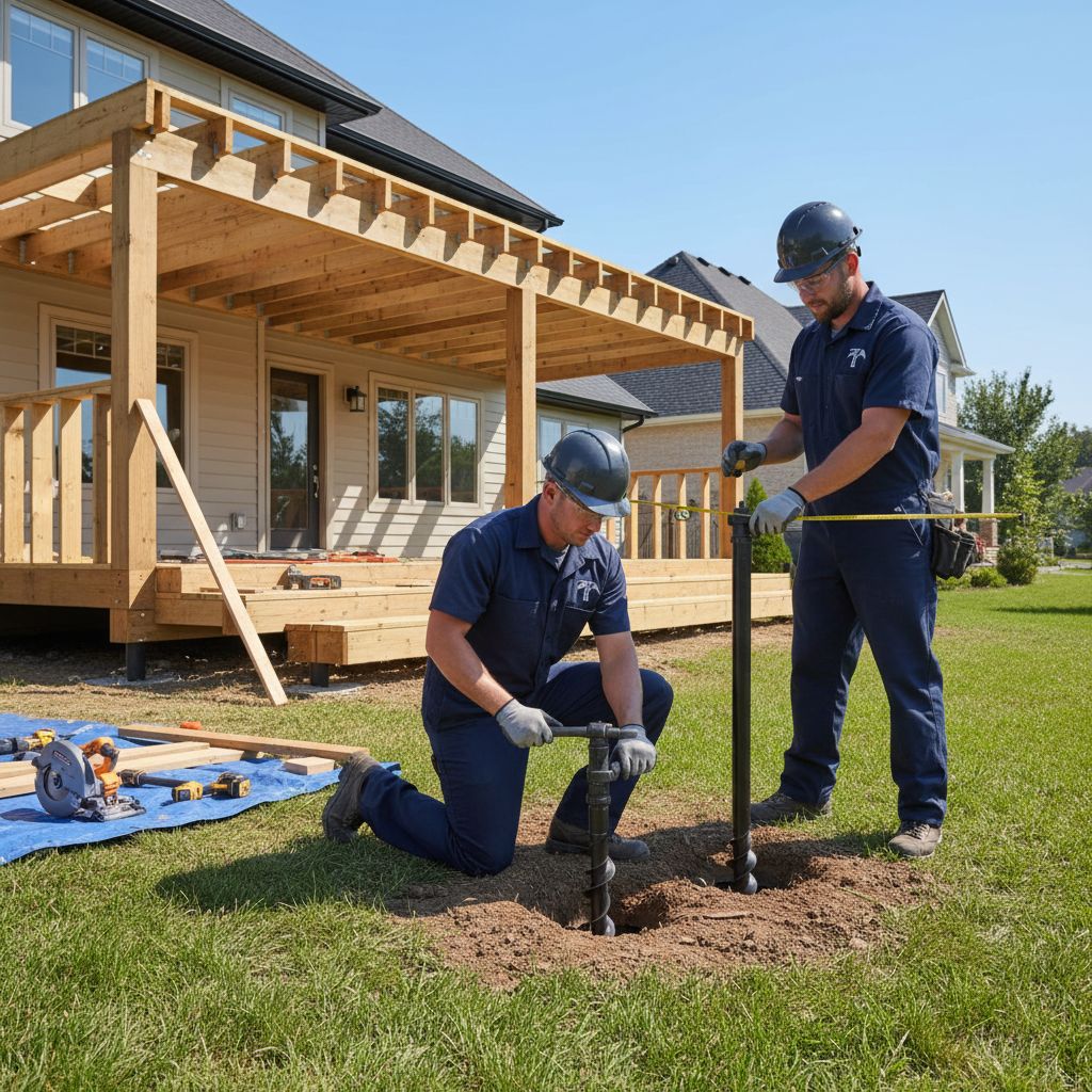 Professional builders installing helical pier foundations for a modern wooden porch on a suburban home, showcasing expertise and reliability.