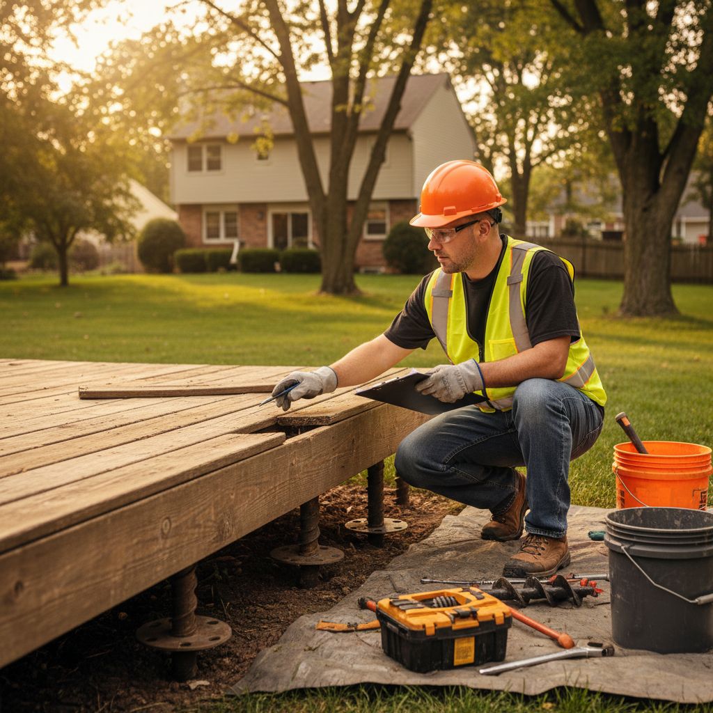 Professional image of a contractor in safety gear inspecting a damaged wooden deck and installing helical piers for stabilization in a suburban backyard.