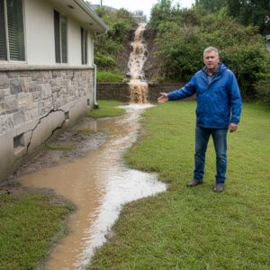Residential backyard showing severe drainage problems with standing water, erosion, and foundation cracks after heavy rain.