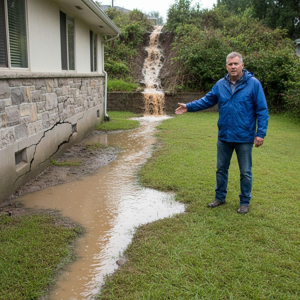 Residential backyard showing severe drainage problems with standing water, erosion, and foundation cracks after heavy rain.