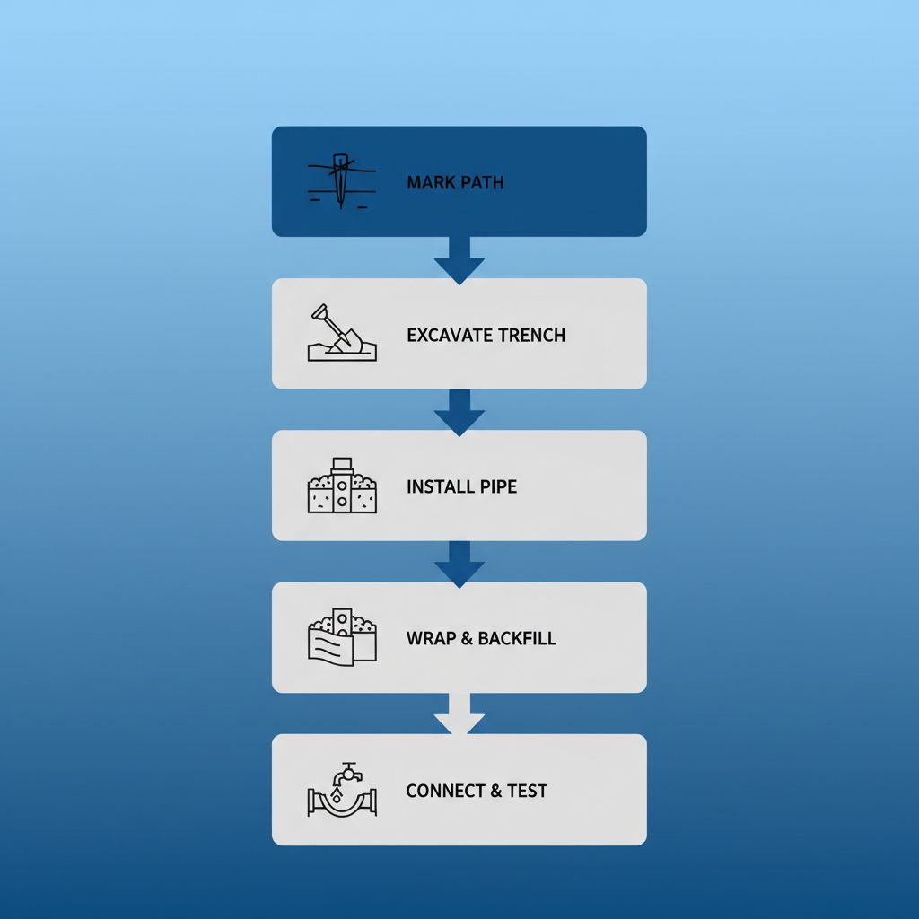 Vertical process flow diagram showing five steps for installing French drains: marking, excavating, installing pipe, wrapping and backfilling, connecting and testing.