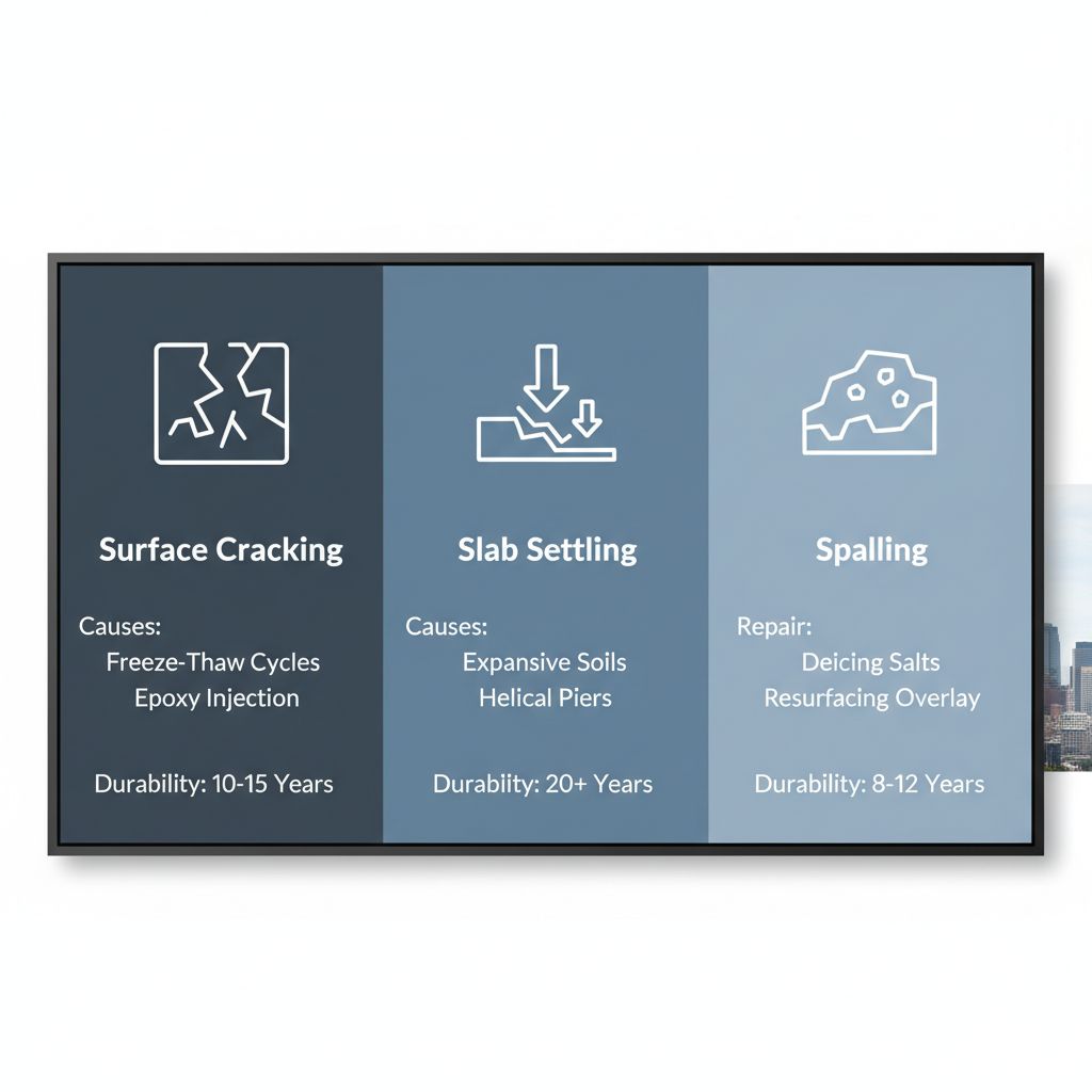 Infographic comparing three common concrete damage types in Denver: cracking, settling, and spalling with repairs and durability estimates.