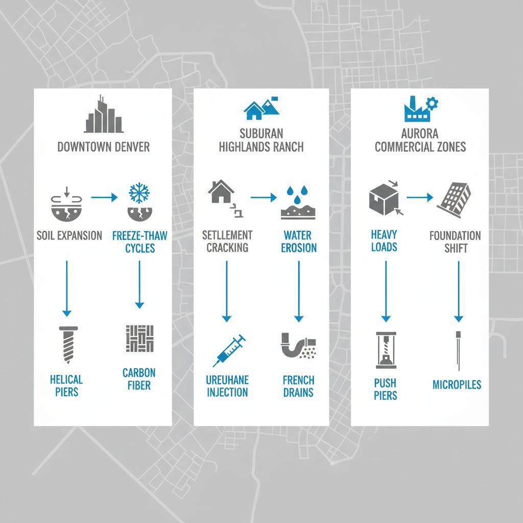 Infographic showing concrete challenges and helical pile solutions in Denver areas: Downtown, Highlands Ranch, and Aurora.