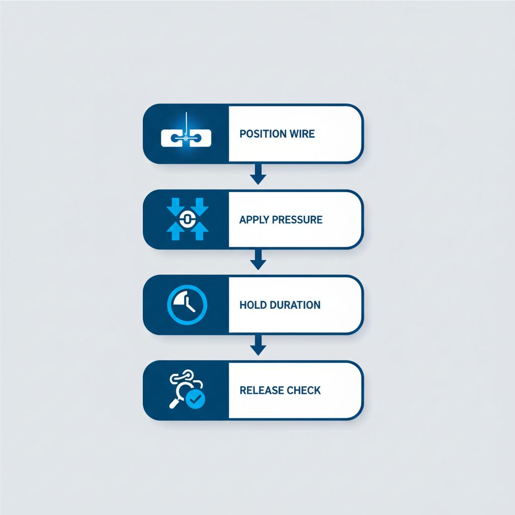 Diagram illustrating four key stages of performing a crimp in foundation repair: positioning wire, applying pressure, holding duration, and releasing to check.