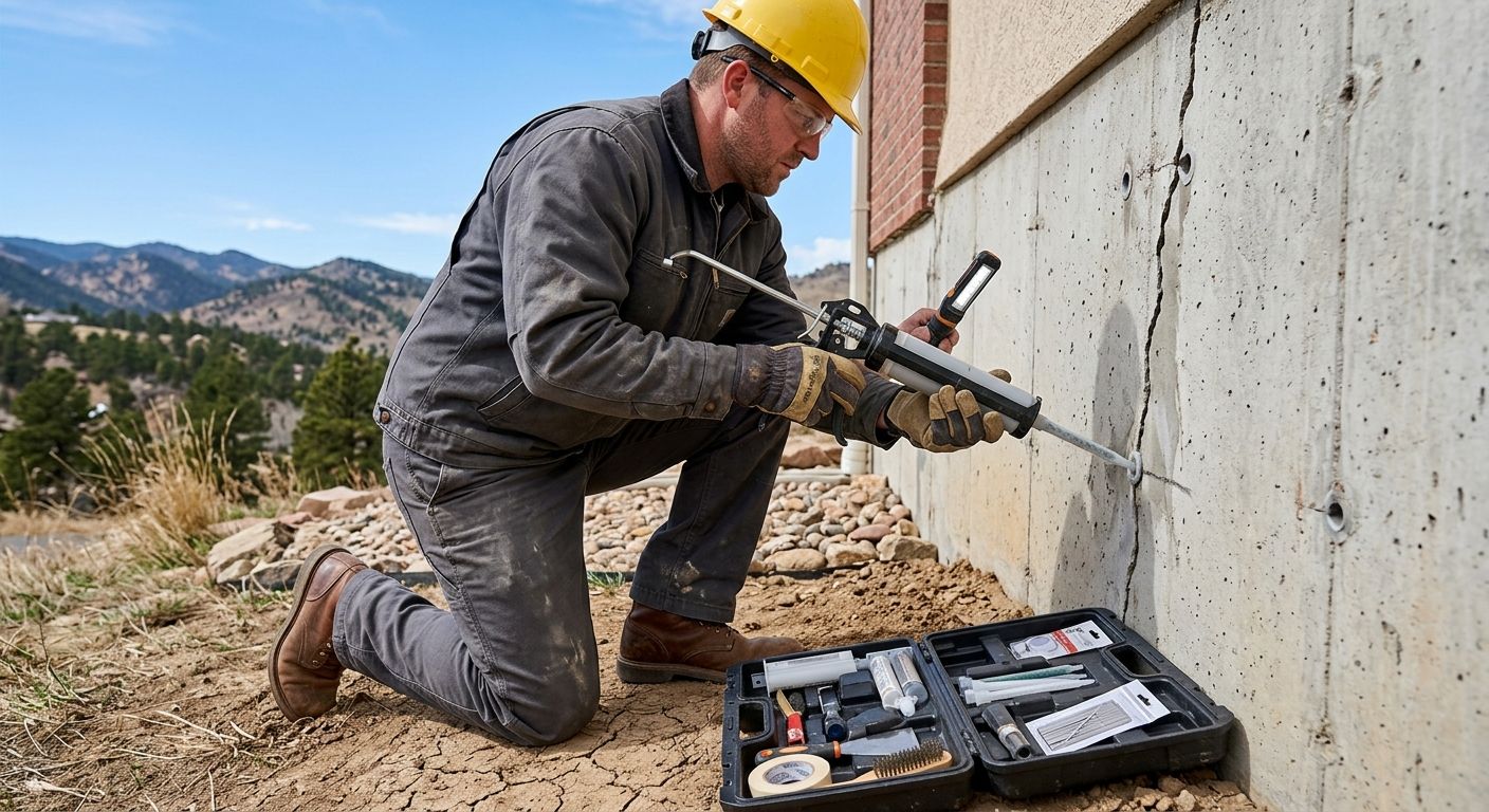 Professional foundation repair contractor injecting epoxy into residential wall crack in Littleton, Colorado, with toolbox and safety gear.