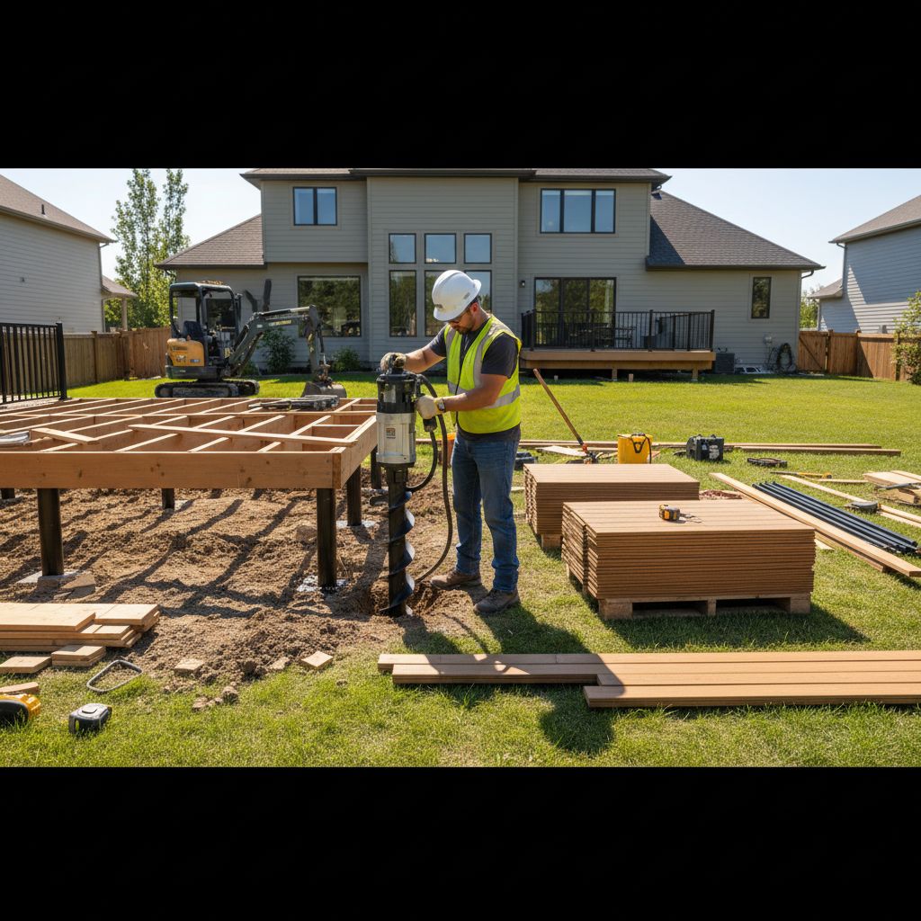 Professional image of contractor installing helical piers for deck foundation in suburban backyard
