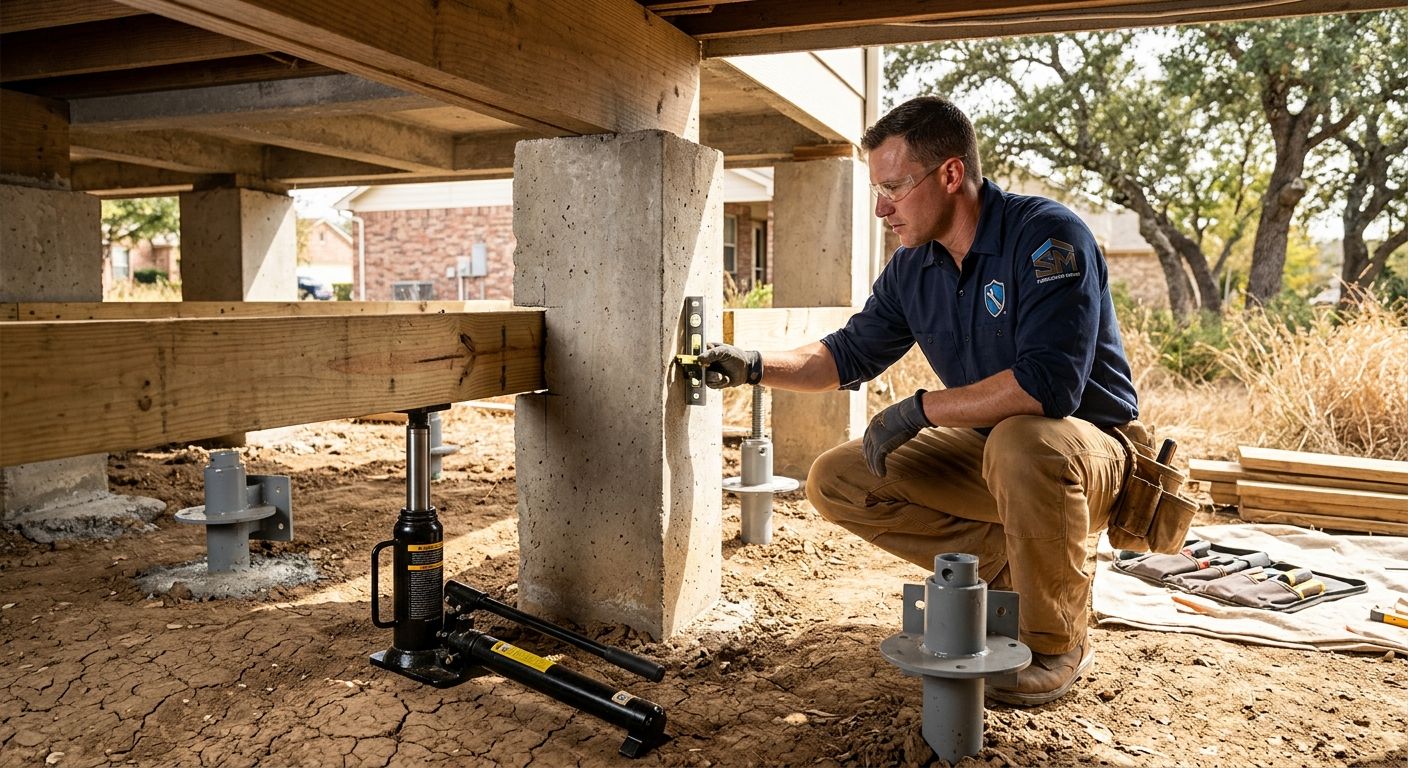 Skilled foundation repair technician inspecting pier and beam structure under Texas home in San Marcos with helical piers.