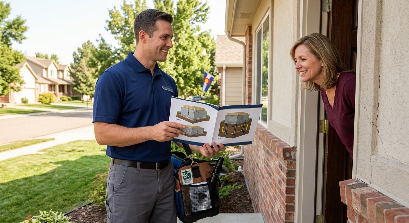 Confident sales professional at suburban home door holding helical pier brochure, engaging homeowner amid foundation repair context