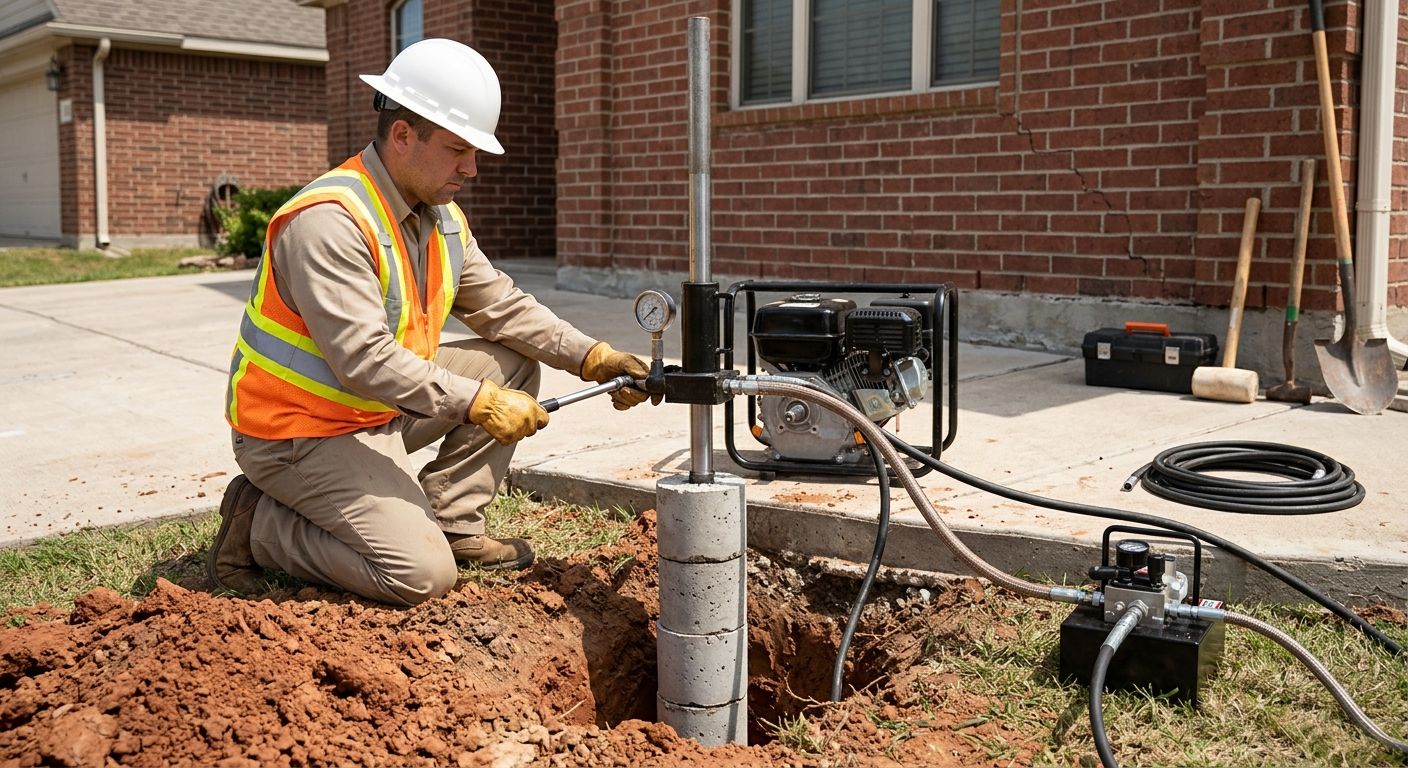 Professional image of foundation repair technician installing concrete piers under Texas home foundation
