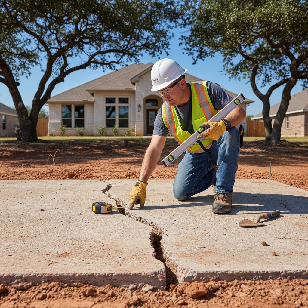 A foundation repair professional in safety gear examines a cracked concrete slab in a San Antonio, Texas suburban home, surrounded by clay soil and under bright sunlight.