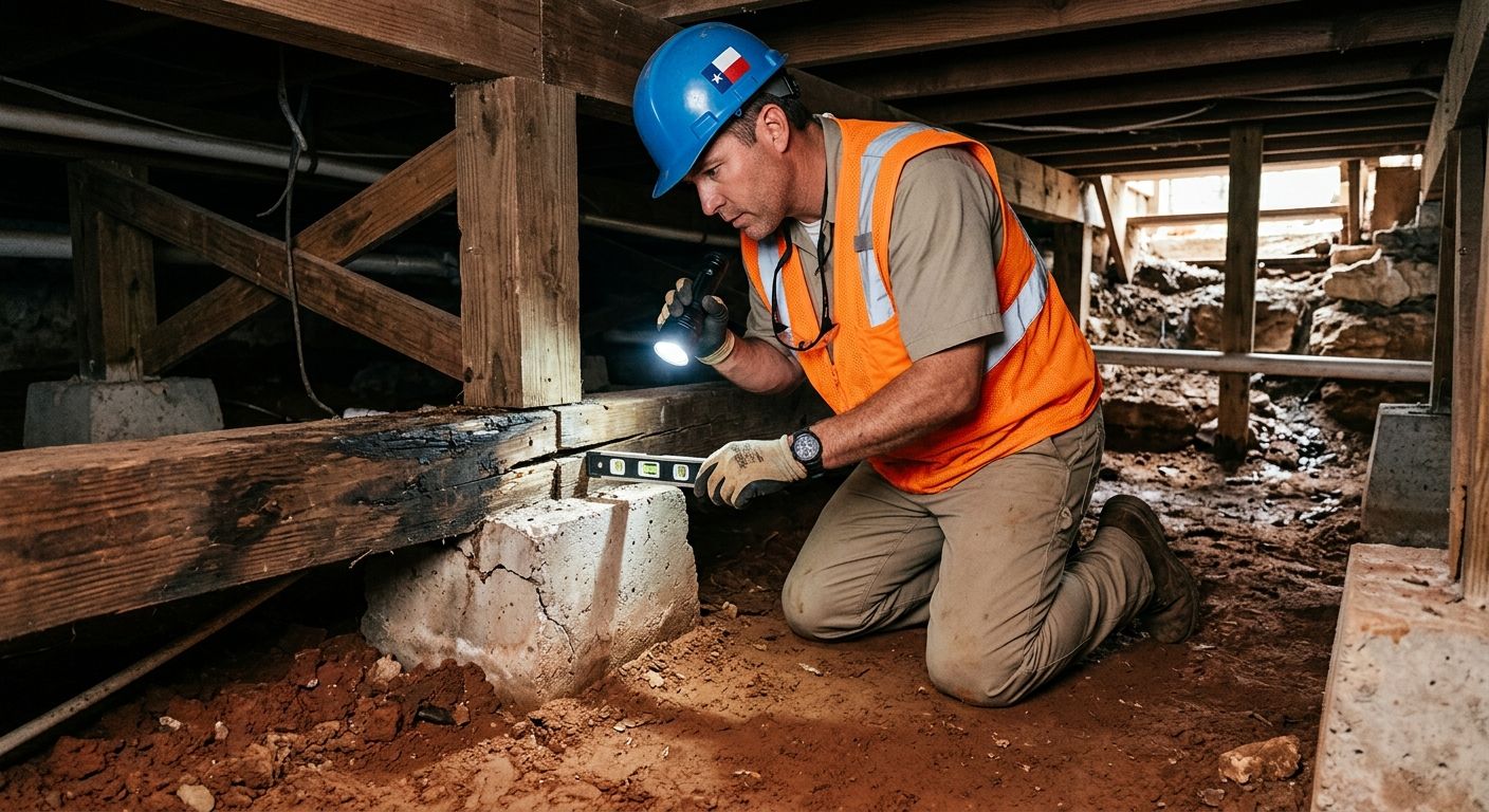 Foundation repair technician inspecting pier and beam foundation in crawlspace under Austin Texas home, highlighting settling in red clay soil with flashlight and level.