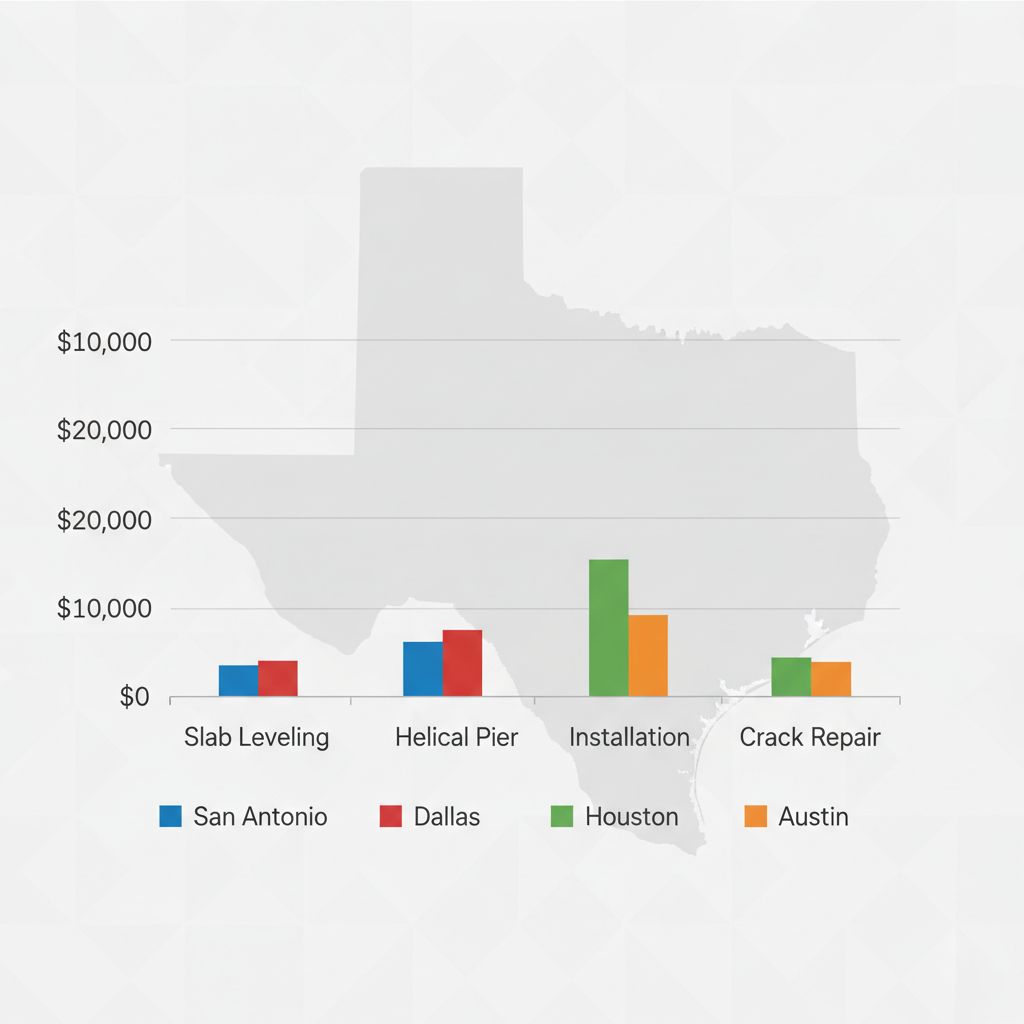 Horizontal bar chart comparing foundation repair costs in Texas cities for slab leveling, helical piers, and crack repair.