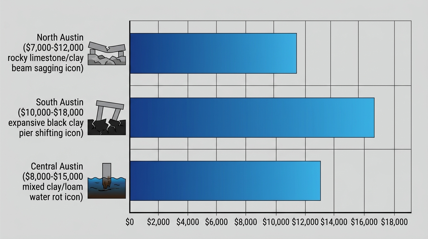 Horizontal bar chart comparing pier and beam repair costs in North Austin ($7,000-$12,000), South Austin ($10,000-$18,000), and Central Austin ($8,000-$15,000) with soil icons.