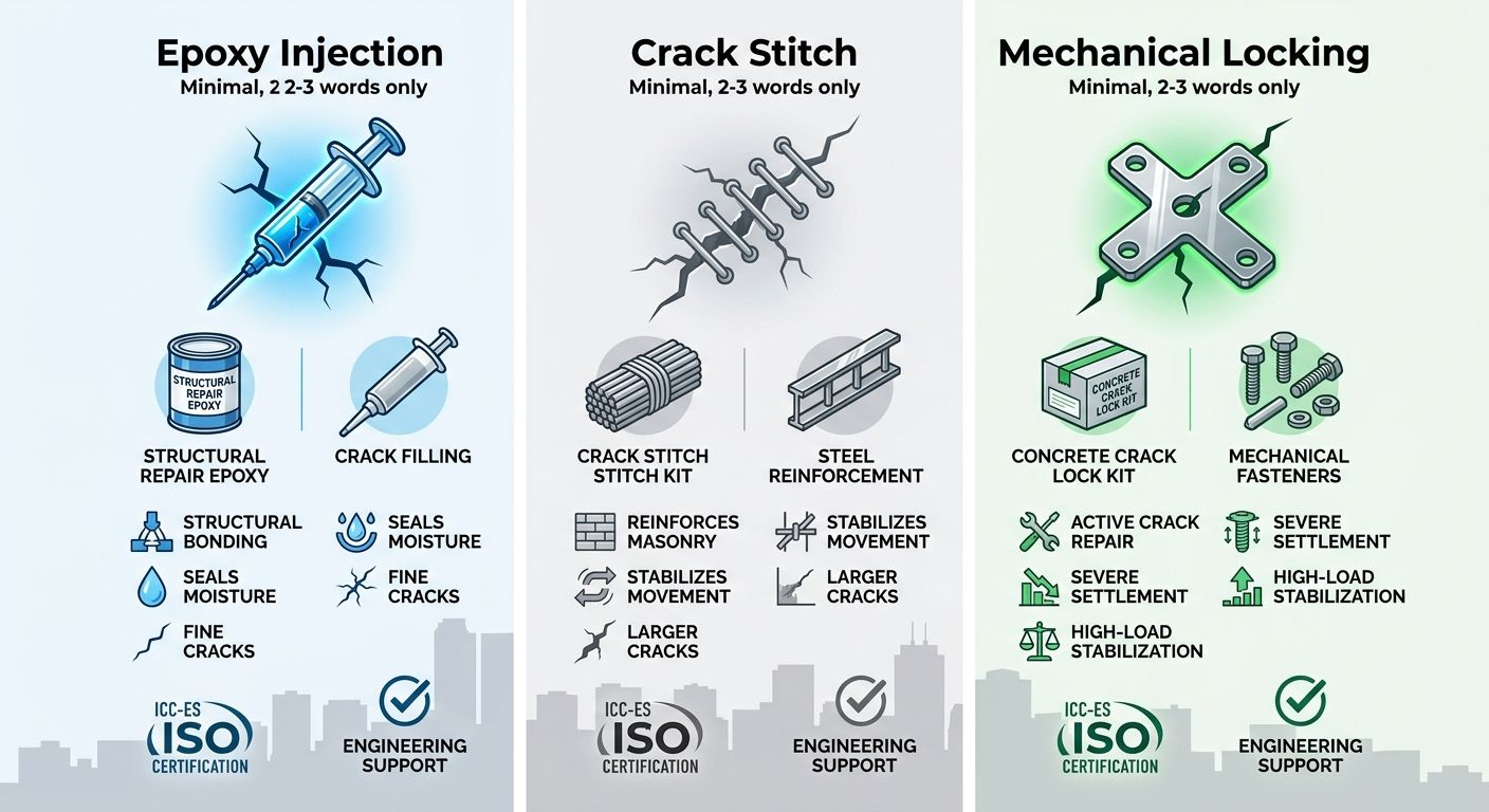 Infographic comparing three foundation crack repair methods: epoxy injection, crack stitch, and mechanical locking with product icons and certifications.