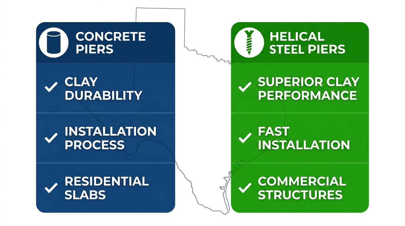 Infographic comparing concrete piers and helical piers for Texas foundation challenges, highlighting helical advantages