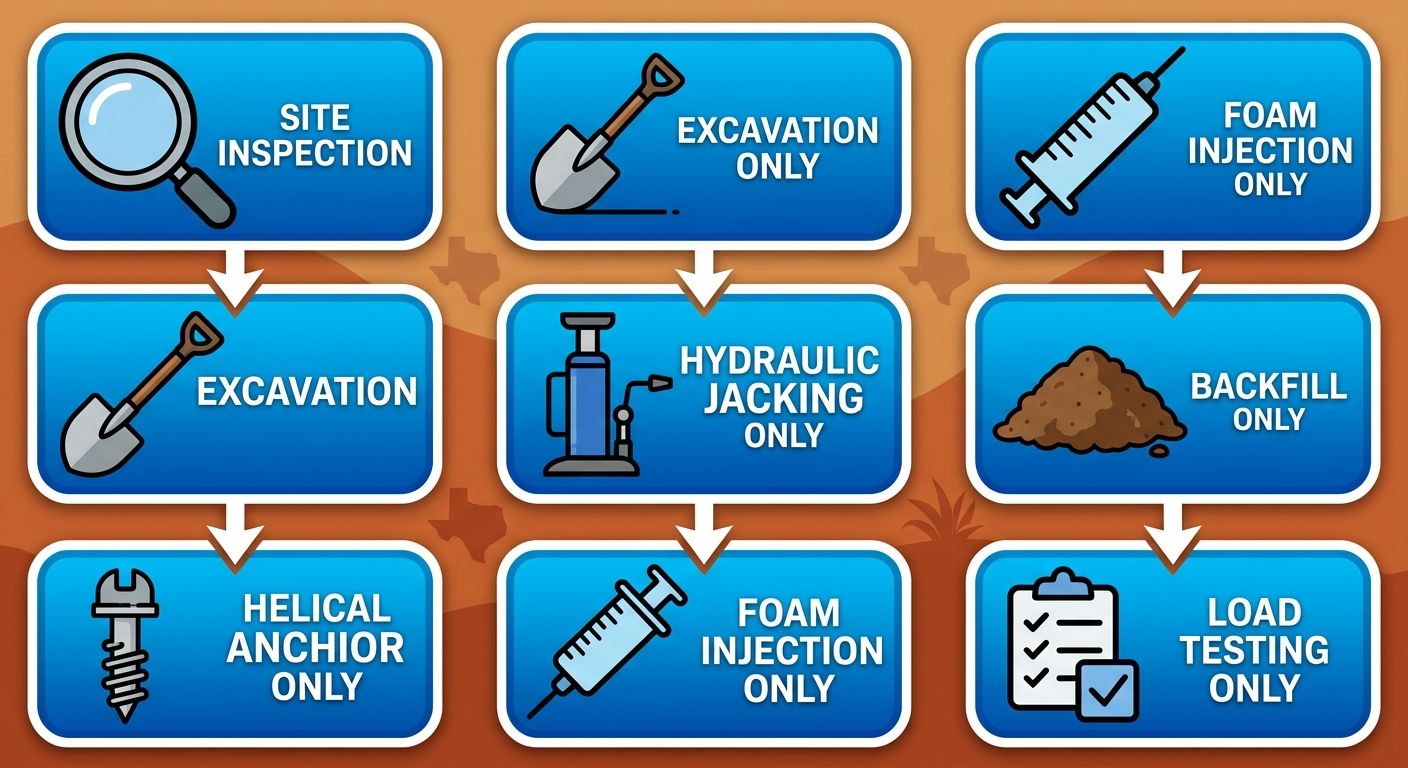 Vertical process flow diagram illustrating seven steps for pier and beam foundation repair: site inspection, excavation, helical anchor installation, hydraulic jacking, foam injection, backfill, and load testing.