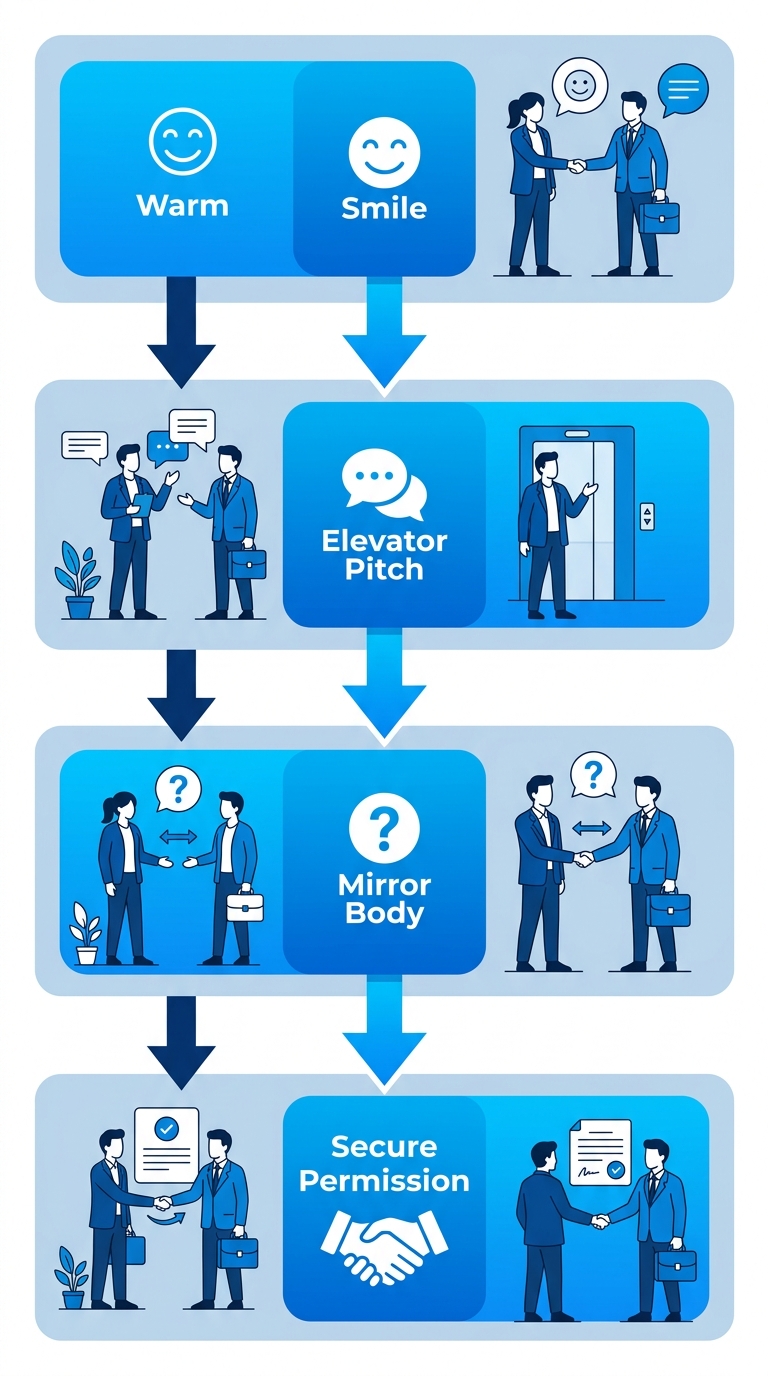 Vertical process flow diagram illustrating four steps for perfecting door approach in door-to-door sales for foundation repair contractors: warm smile and eye contact, elevator pitch on helical piers, mirroring body language and asking about issues, securing permission or follow-up.