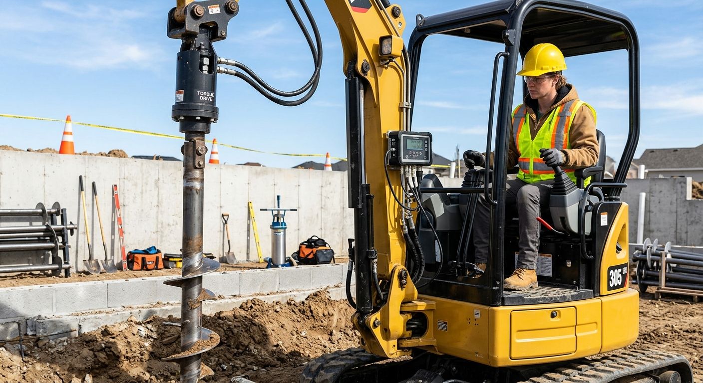 Certified helical pier installer operating hydraulic drive head on mini-excavator at residential foundation site with safety equipment and torque monitoring system