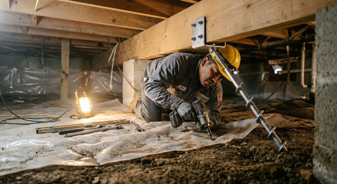 Foundation repair technician in safety gear installing helical stabilizer bracket in dimly lit crawl space under Littleton home, with tools, moisture issues, and vapor barrier.