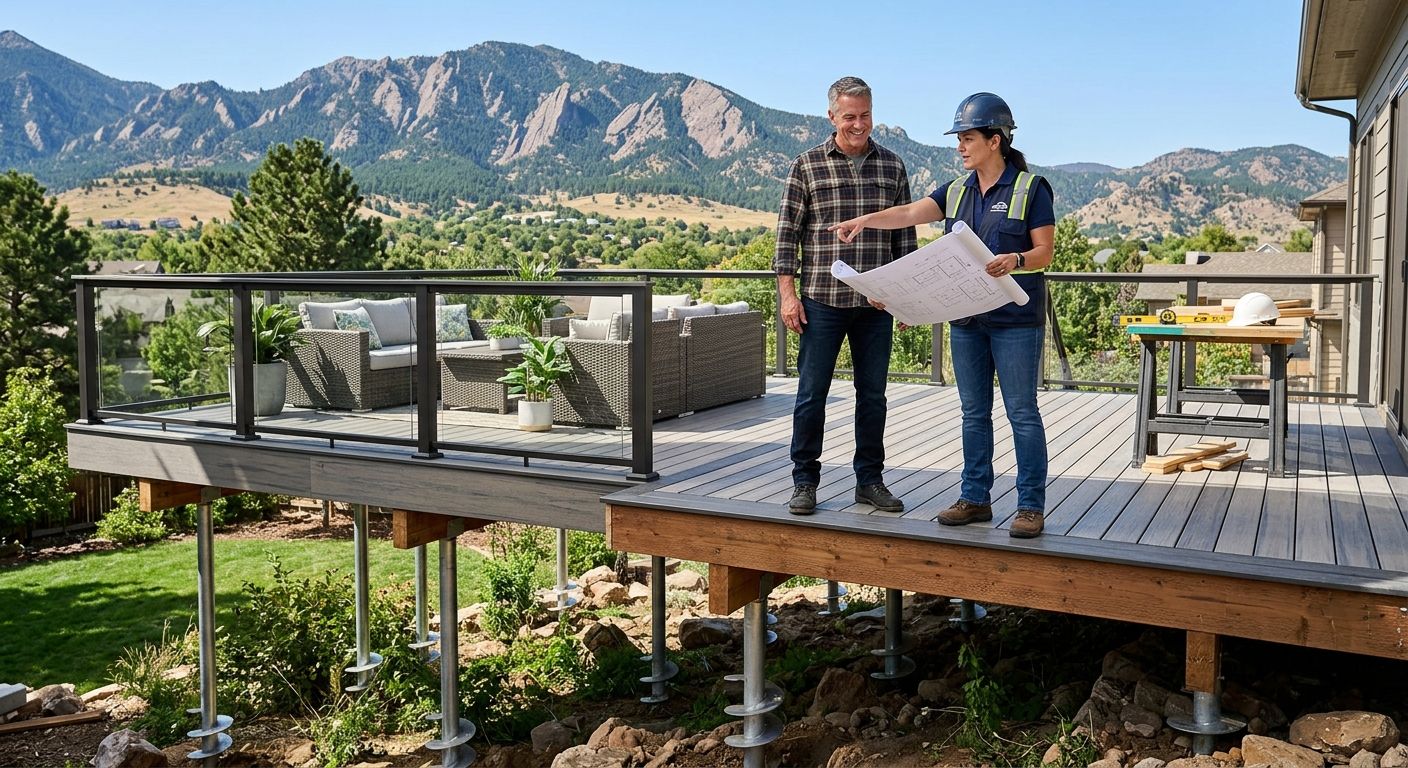 Professional scene of modern composite deck supported by helical piers in Littleton backyard, engineer consulting homeowner with Rocky Mountains visible.
