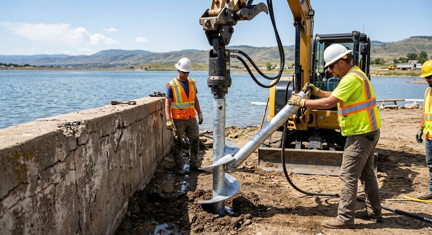 Certified helical pier installation crew working on a seawall in Littleton, Colorado with hydraulic equipment.
