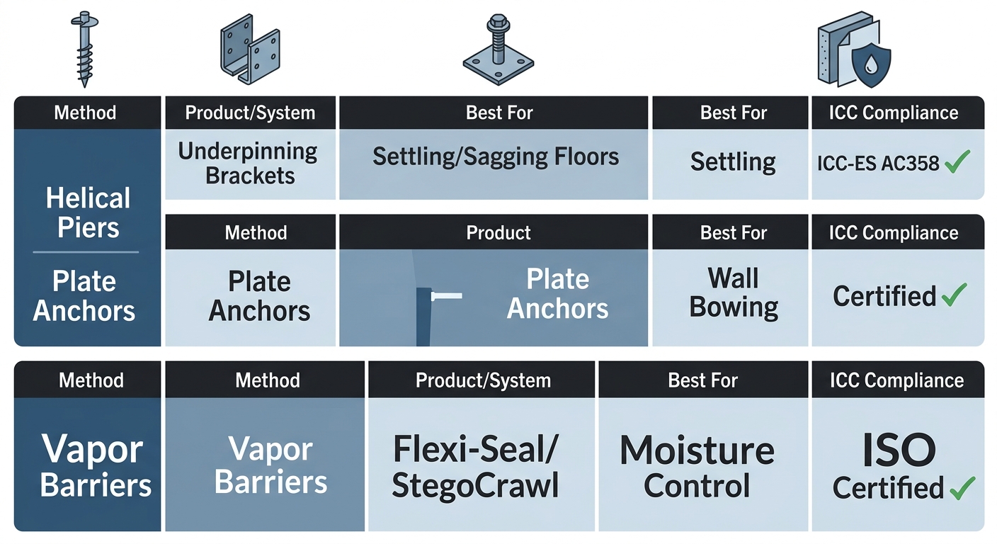 Infographic comparing three certified crawl space repair methods: helical piers, plate anchors, and vapor barriers with compliance details.