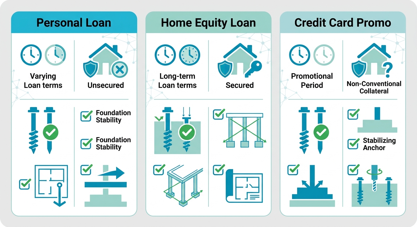 Infographic comparing Personal Loan, Home Equity Loan, and Credit Card promo for deck foundations with icons for terms, collateral, and helical pier benefits
