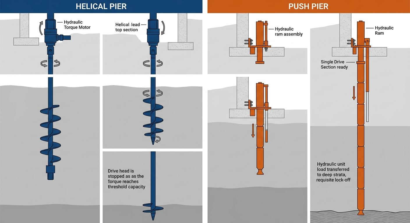 Process flow diagram comparing helical pier installation steps in blue and push pier installation steps in orange, showing equipment and connected stages.