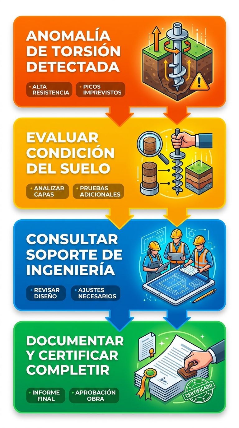 Diagrama de flujo de solución de problemas de pilotes helicoidales que muestra cuatro etapas: detección de anomalía, evaluación del suelo, consulta de ingeniería y certificación final