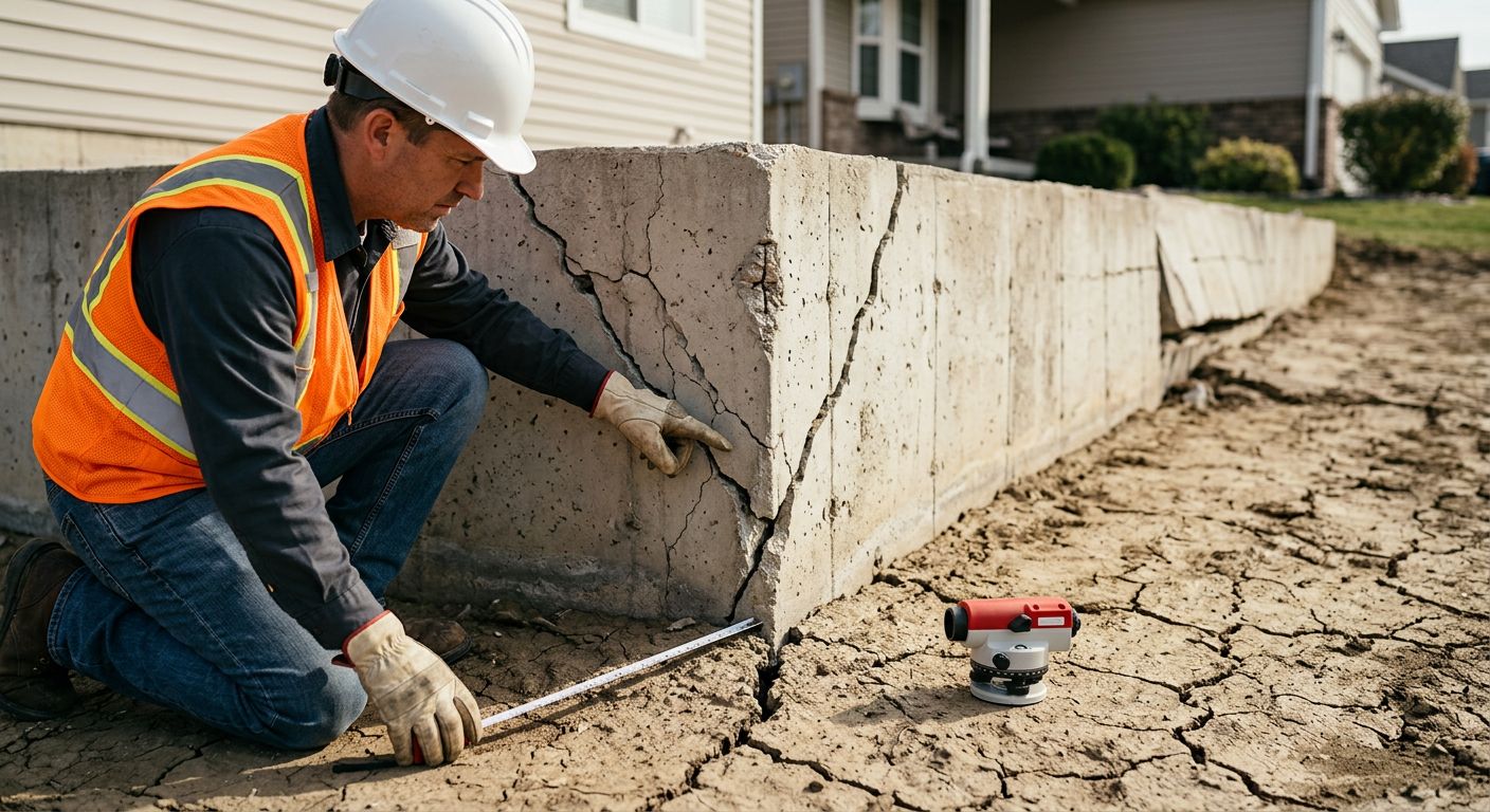 A structural engineer in a hard hat and safety vest kneels beside a residential foundation with visible diagonal cracks, using a measuring tool, with expansive clay soil and heaving in the background under natural afternoon light.