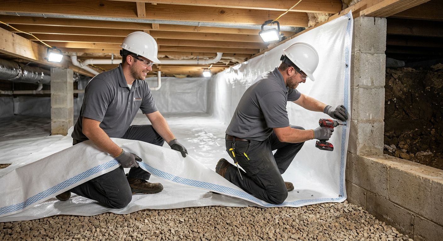 Two foundation repair contractors in a residential crawl space installing a reinforced polyethylene vapor barrier, one kneeling on gravel and the other securing it along the foundation wall with fasteners, with bright work lights and partially encapsulated area visible.