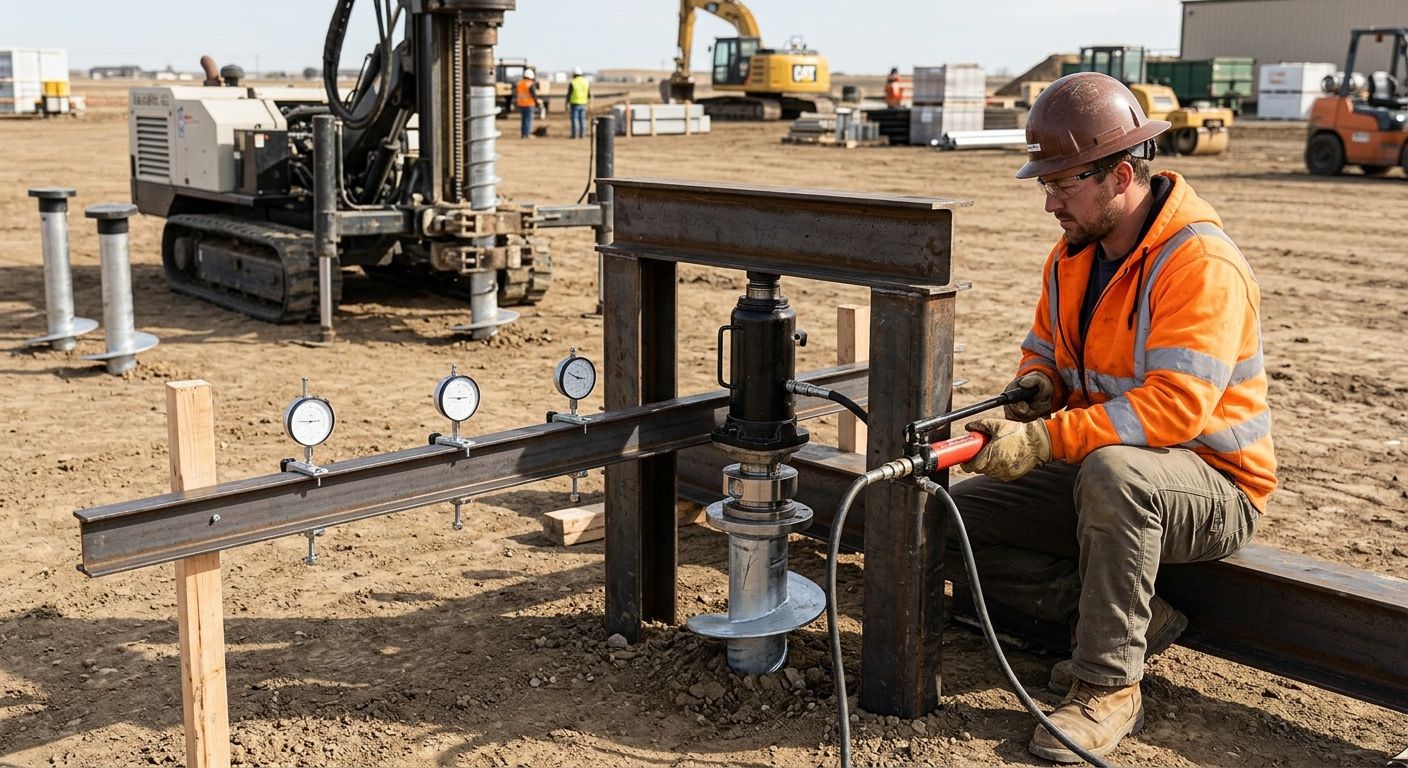Static load test on a helical pile at a construction site with technician in safety gear operating a hydraulic jack