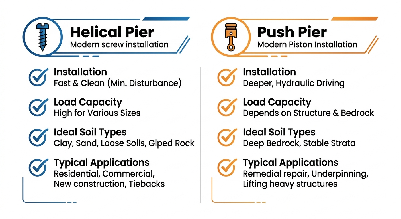 Side-by-side comparison infographic of helical piers and push piers showing installation speed, load capacity, soil types, and applications