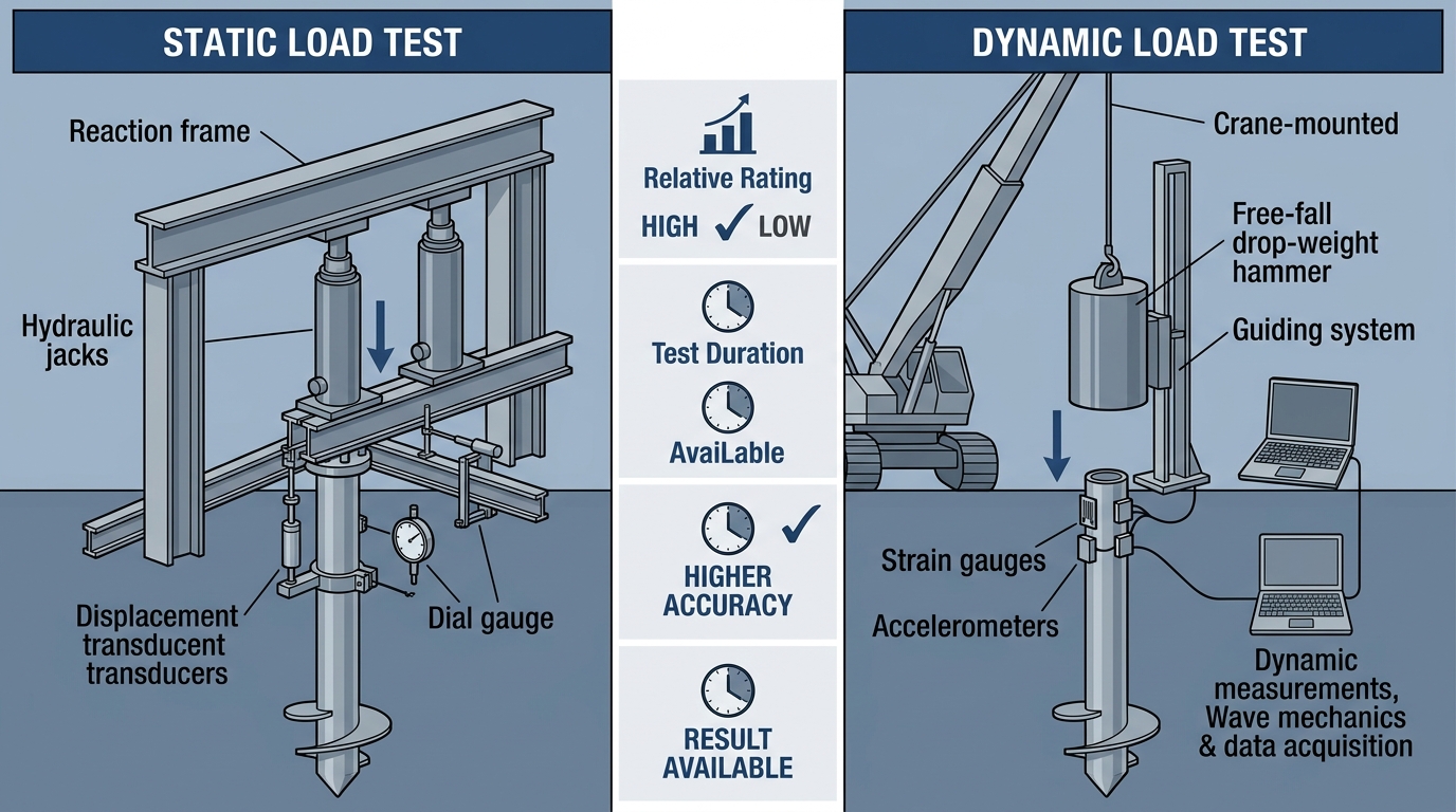 Infographic comparing static and dynamic load testing methods for helical piles with split panels and center comparison section