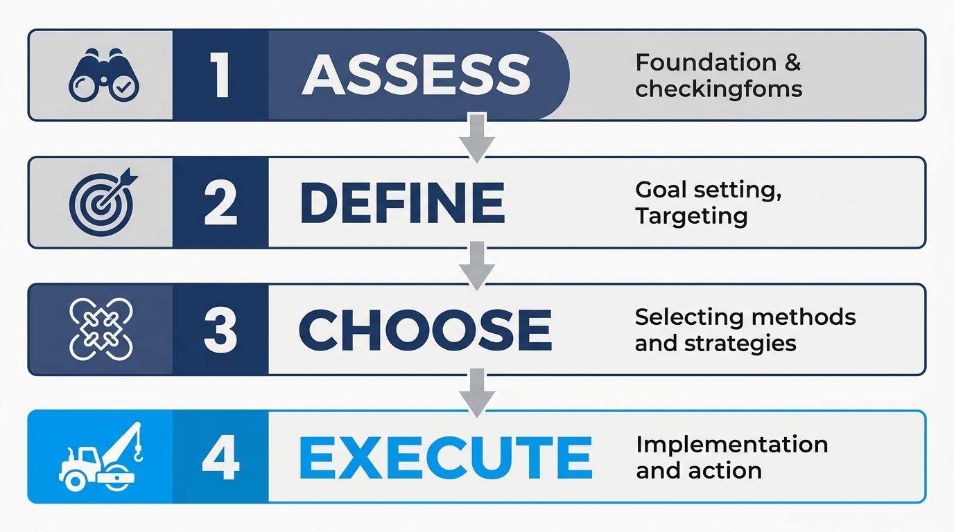 Vertical process flow diagram with four steps labeled Assess, Define, Choose, and Execute, connected by downward arrows, using professional blue and gray color scheme.