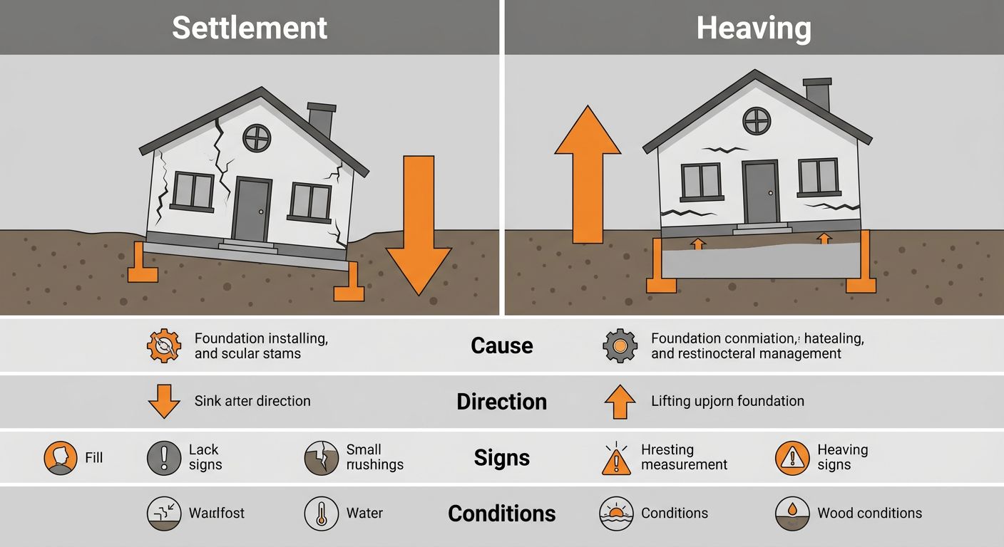Infographic comparing foundation settlement and heaving with two panels showing sinking and lifting houses, and four comparison rows for cause, direction, signs, and conditions, with a neutral gray background and orange accents.