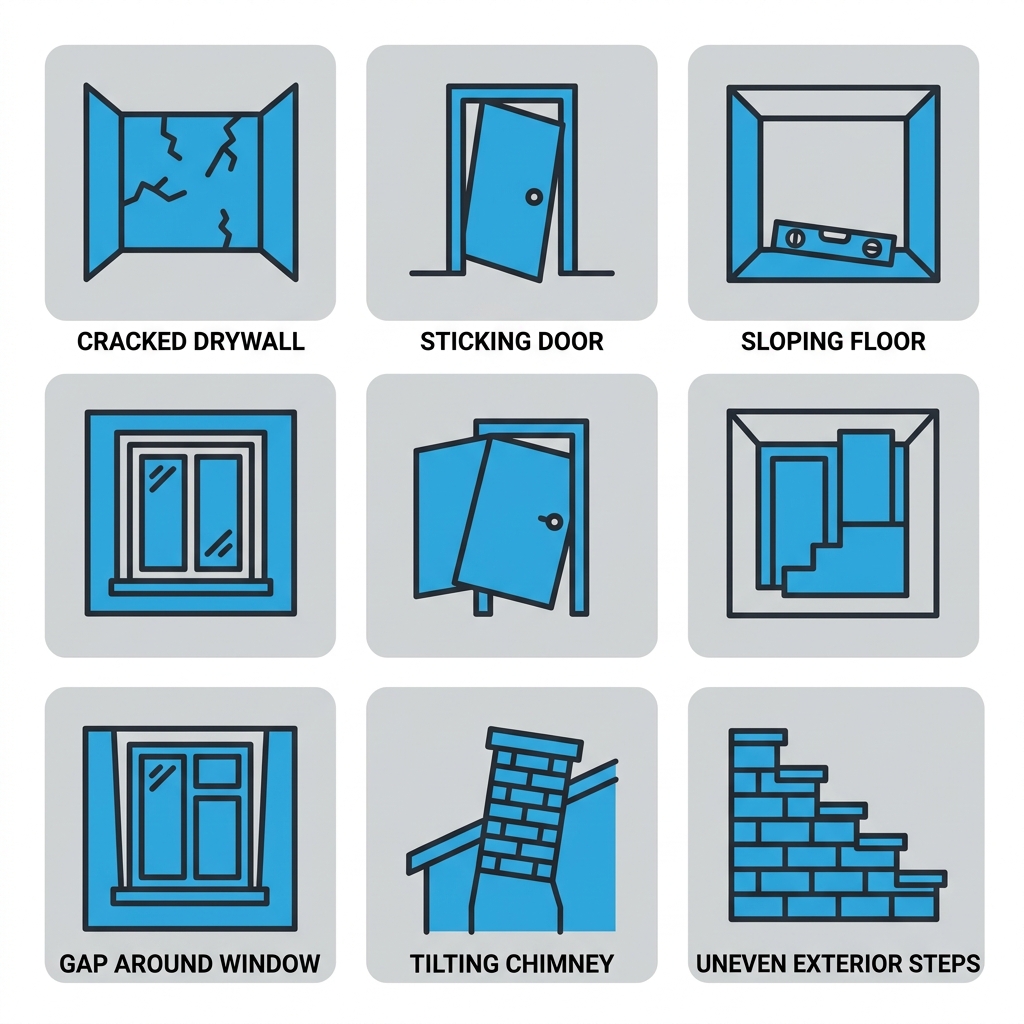 Grid of six icons showing common warning signs of foundation settlement including cracked drywall, sticking door, sloping floor, window gap, tilting chimney, and uneven steps.