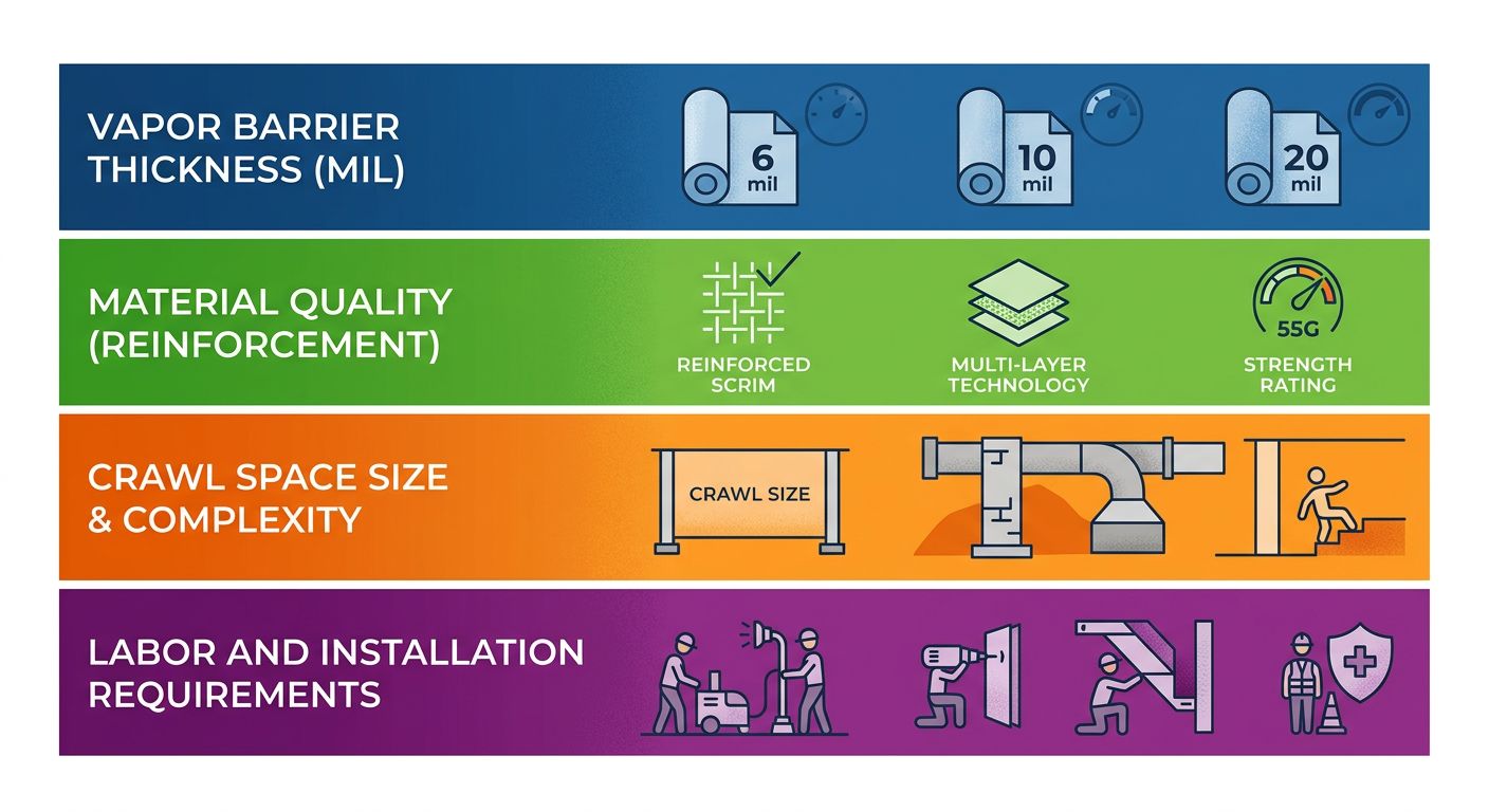 Infographic showing four key cost factors for crawl space encapsulation: vapor barrier thickness, material quality, crawl space size and complexity, labor and installation requirements, each represented by a colored horizontal band with a brief label.