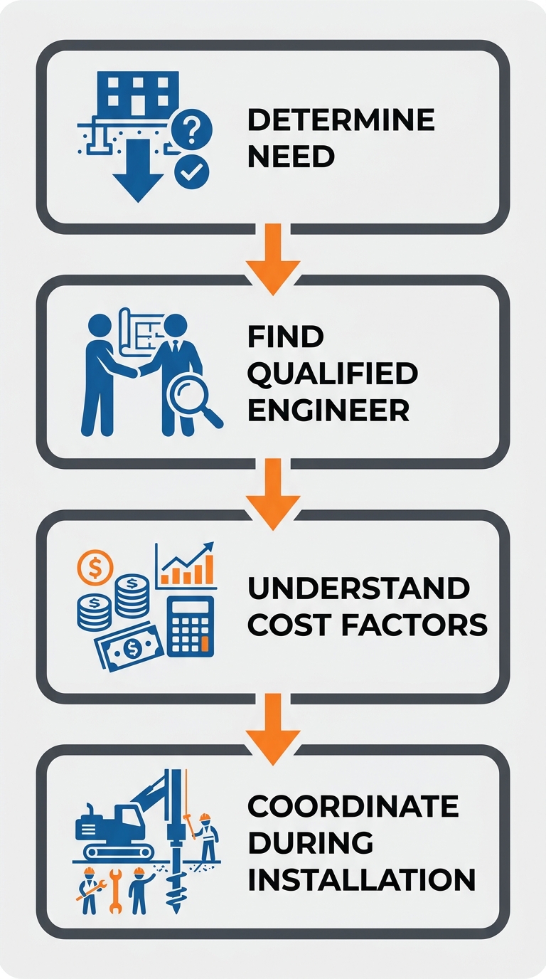 Four-step vertical process diagram for working with structural engineers on helical pile projects, showing steps from determining need to coordinating during installation.