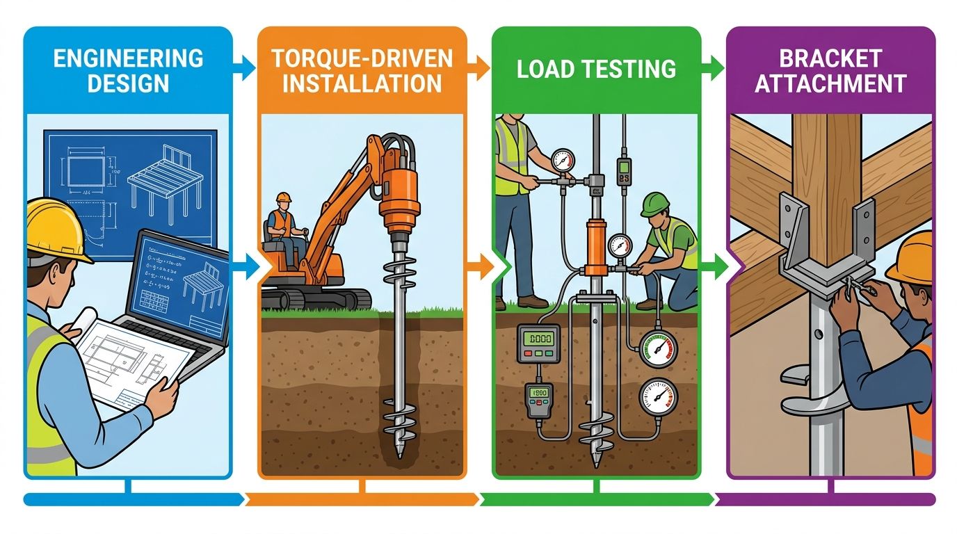 Horizontal four-step process flow diagram showing helical pier installation stages for frost-resistant deck footings