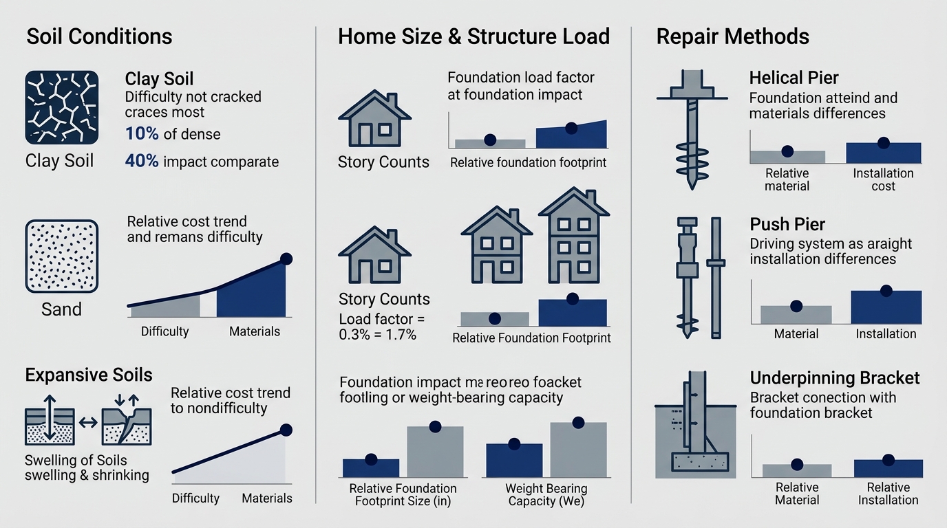 Infographic showing three vertical columns for foundation repair cost factors: soil conditions, home size, and repair methods with professional blue and gray color scheme.