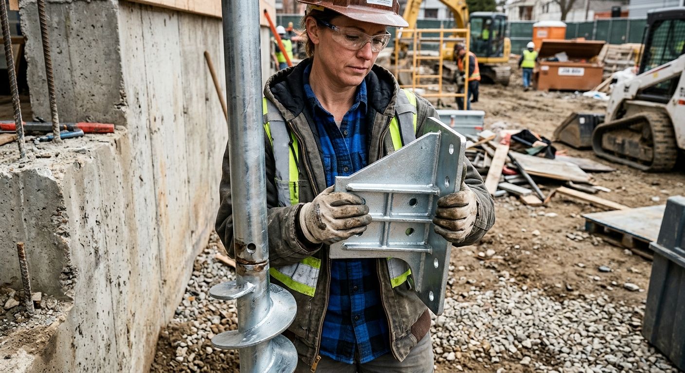 Close-up of a contractor holding a zinc-coated underpinning bracket beside a helical pier on a foundation repair job-site, with natural daylight highlighting the bracket's load-transfer design.