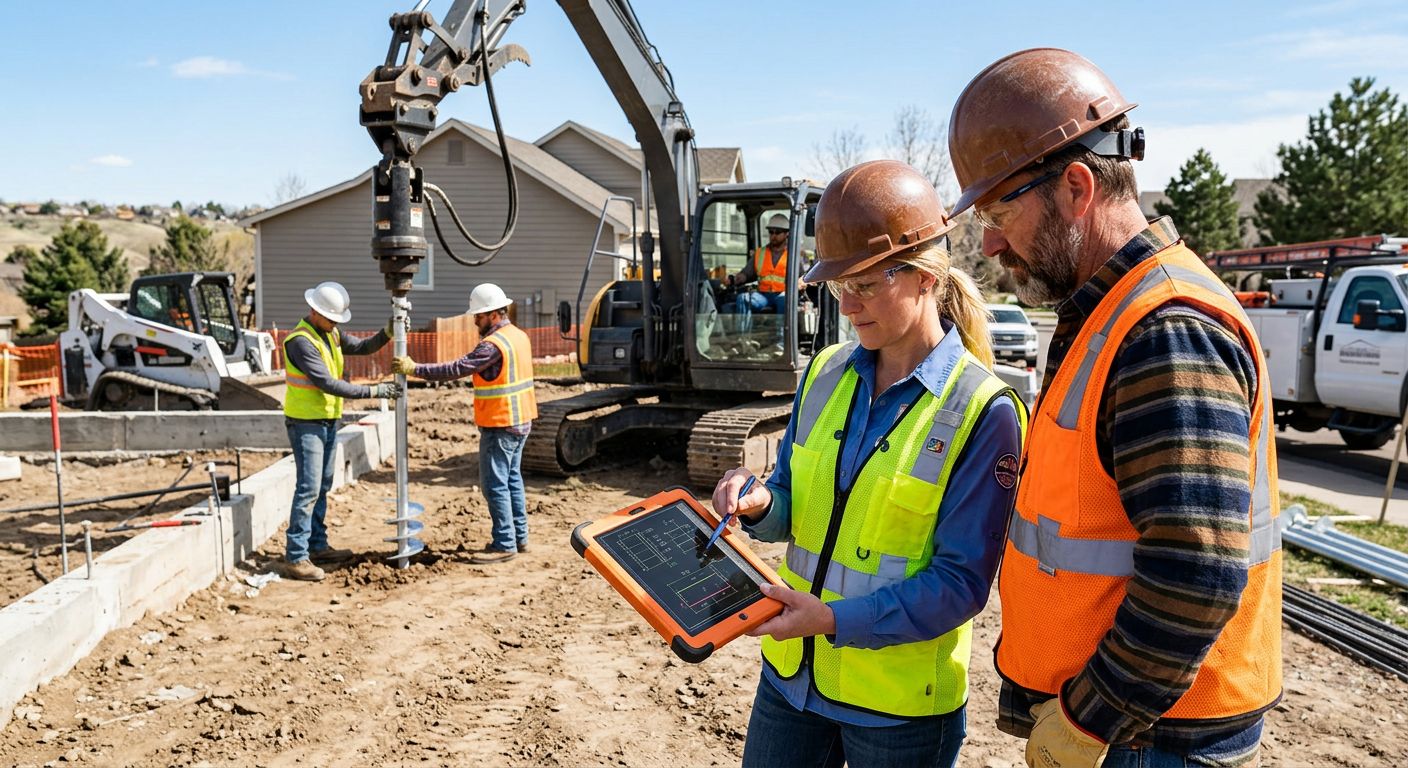 Structural engineer and contractor reviewing helical pier design calculations on a tablet at a residential foundation repair site, with installation crew working in the background.
