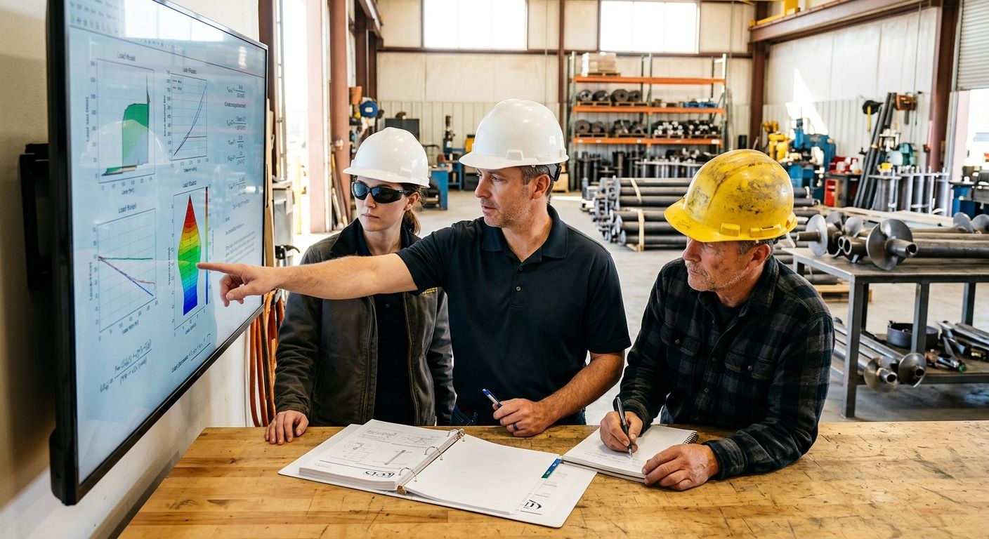 Two structural engineers in hard hats and a foundation contractor reviewing helical pile design software on a large screen in a bright shop with helical piers in the background.