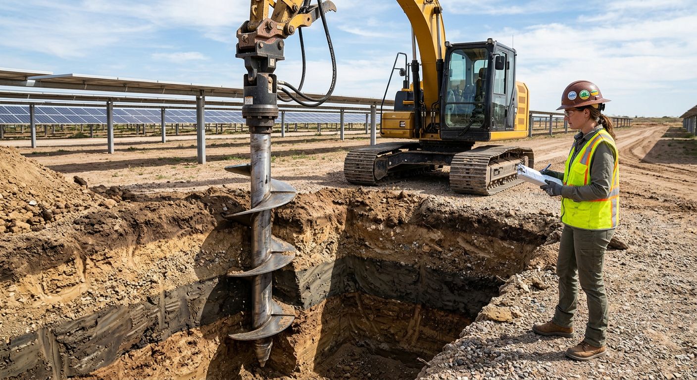Professional photograph of helical pile installation at a solar farm with cutaway view showing helix plates in soil layers, engineer verifying installation, bright daylight.