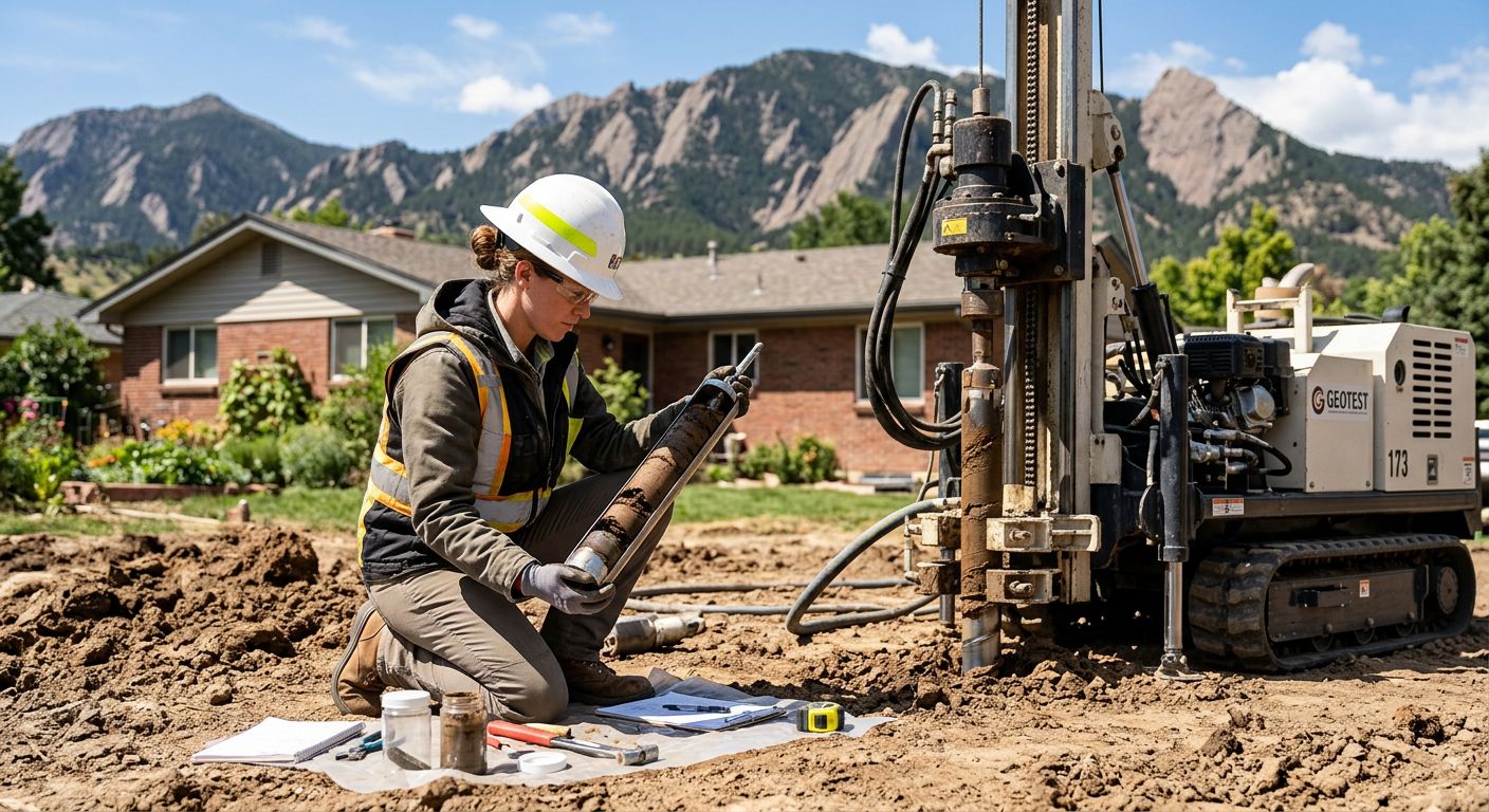 Geotechnical engineer in safety gear collecting soil sample from boring rig on Denver property with Rocky Mountain foothills in background